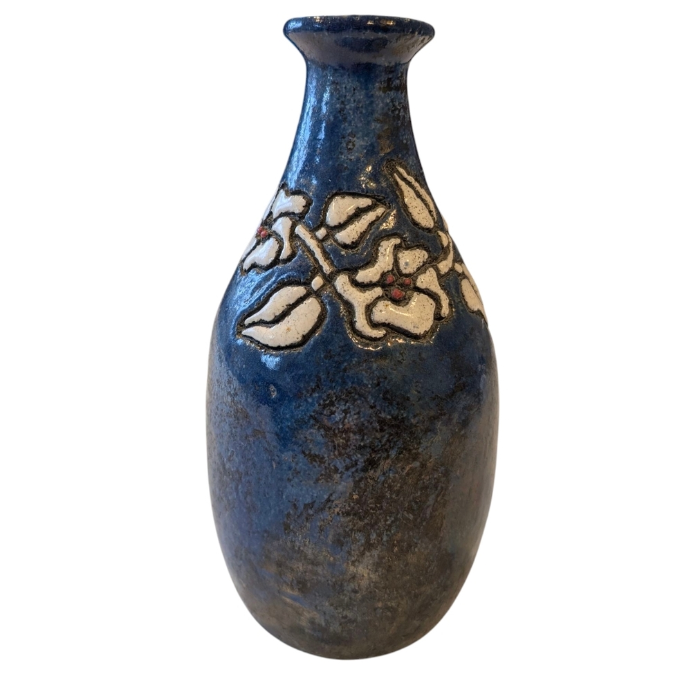 Vintage Stoneware Black & Blue Glaze Vase With White Floral Relief. Unmarked.